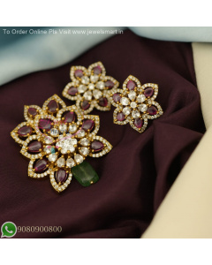 Floral CZ Stones Pendant Set - Antique Gold Finish Sparkling Ear Studs PS27131