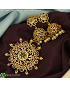 Elegant CZ Stones Sun Pendant Set - Antique Gold Finish With Jhumkas PS27130