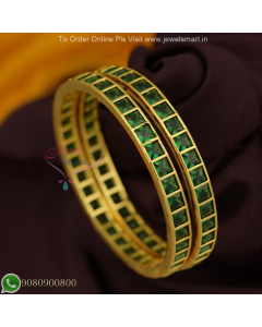 Original CZ Green Colour Stones Party Wear Bangles - Dull Gold Plated B26967G