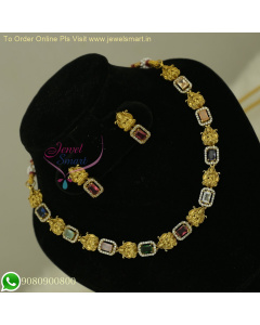Elegant Gold-Toned Link Temple Necklace with Multicolored Gemstones NL26631