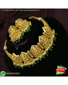 Exclusive Antique Gold Temple Jewellery Bridal Necklace Set with Green Beads NL26617