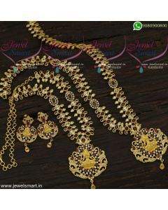 Eye-Catching Wedding Jewellery Online Temple Long Gold Necklace Combo