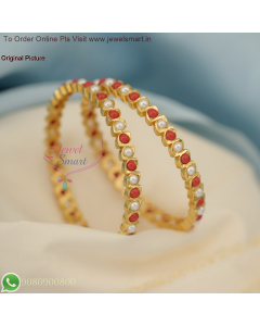 Eyecut Shape Pearl & Coral Colour Impon Panchaloha Bangles - Traditional Gold Plated B27054