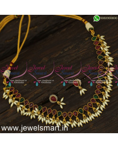 Fashionable Single Stone Line Antique Gold Necklace Designs Ideas With Rice Pearls NL24026