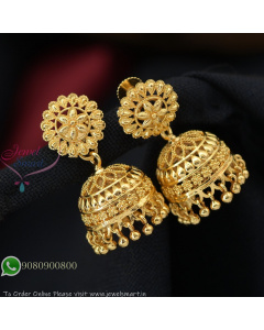 Traditional Gold Plated Jhumka Earrings with Floral Stud | Lightweight Screw Back Jhumkas Design J27341
