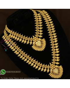 Kerala Style Forming Gold Necklace Combo Set | Traditional Mango Design Long Necklace NL29357