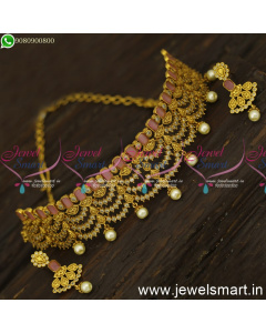 Garland Style Monalisa Stones Choker Necklace Set With Small Ear Studs Online NL24560
