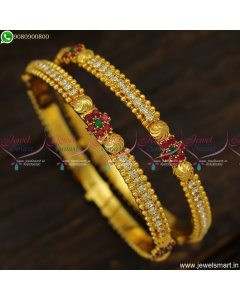 Gold Bangles Design For Babies and Girls Single Line Stones Ruby Emerald Floral Caps B23717