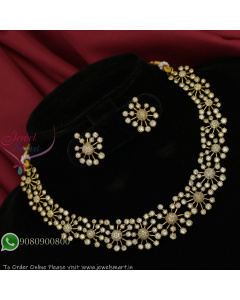 Gold Finish CZ Floral Necklace Set with Matching Designer Ear Studs – Elegant Party Wear Jewellery NL27333