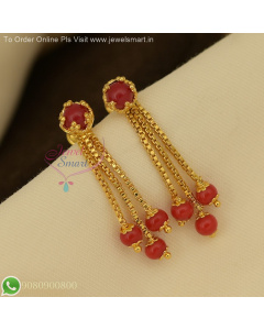 Gold Plated Chain Drop Earrings with Coral Beads and Pearls – Traditional and Elegant South Indian Design ER27100