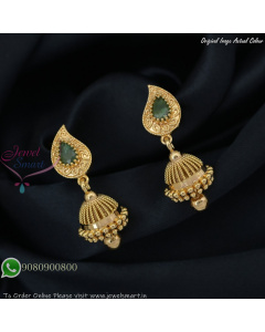 Gold Plated Jhumka Earrings with Teardrop Stud – Available in Red & Green Stones J26397