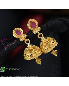 Gold Plated Jhumka Earrings with Screw Back | 35mm Traditional Design in Ruby & White Stones J27340