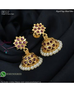 Gold Plated Lightweight Jhumka Earrings with Pearl Border – Screw Back, 5 Colour Options J27443