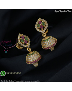Gold Plated CZ Jhumka Earrings with Red & Green Stones – Multiple Colour Options J27399