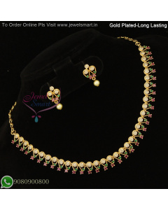Gold Plated Necklace Set with Ruby & Emerald and White Stones – Traditional Jewellery NL27257