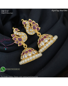 Peacock Design Jhumka Earrings With Pearl Border – Gold Plated, Screw Back, 5 Colour Options J27444