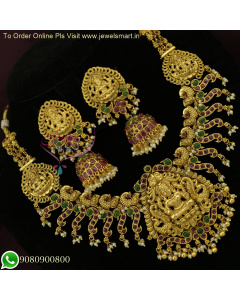 Grand Temple Jewelry Necklace Set with Bridal Jhumka Earrings - Traditional Gold Design Online NL26699