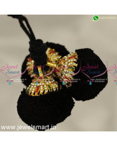 H12967 Traditional Hair Jewellery Round Jada Kunjalam Black Wool Kuppulu White Stones 