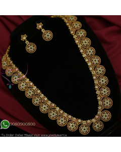 Heavy Bridal Long Antique Gold Plated Necklace Set with Green & White Stones NL27346