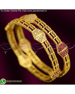 Latest Kambi Valayal Gold Covering 3 String AD Bangles Ruby white B25380