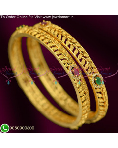 Leaf Design One Gram Gold Bangles Ruby Emerald Stones B25386