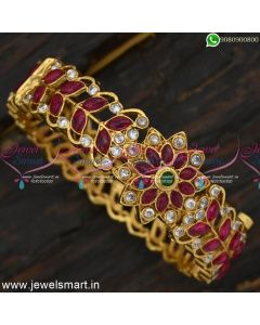 Leaf and Sunflower Fascinating Kemp Stone Antique Gold Bangle Designs Online BJS6617