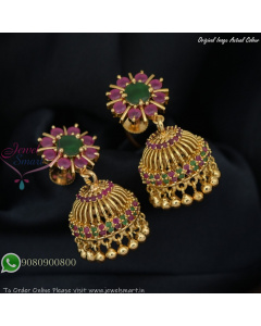 Lightweight Gold Plated Jhumka Earrings – Floral Top Design with Kemp and CZ Stones J27409