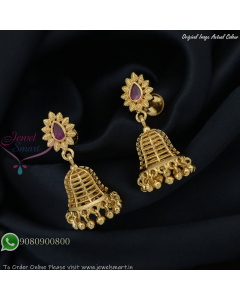 Lightweight Gold Plated Jhumka Earrings with Floral Stud and Ruby Stone J27396