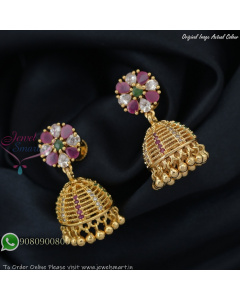 Lightweight Multi-Stone Gold Plated Jhumka Earrings with Screw Back J27394