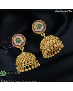 Lightweight Gold Plated Jhumka Earrings with Multi-Colour Stone Studs J27395