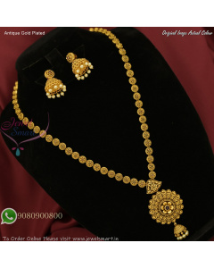 Antique Gold Plated Long Floral Pendant Necklace Set with Jhumka Earrings NL27464
