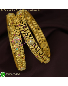 Long Lasting Broad One Gram Gold Bangles Leaf Design B26483