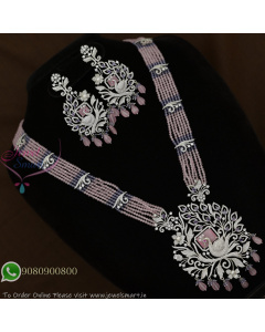 Peacock Pendant Long Necklace Set with Pink & Purple Beads | Diamond CZ Look Bridal Jewellery NL29363