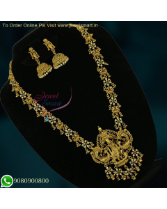 Exquisite Lord Krishna Long Gold Necklace Designs with Jhumkas at Special Offer Price NL26676