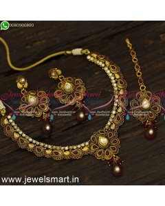 Maroon White Colour Costume Necklace Set with Earrings and Maang Tikka Low Price NL24089