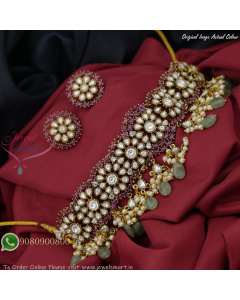 Traditional Choker Necklace with Moissanite Stones, Ruby Highlights & Beaded Drops
