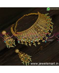 Monalisa Green Stone Temple Choker Necklace For Wedding Antique Gold Design NL24463