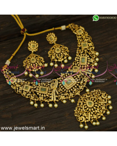 Monumental Antique Gold Necklace Design Uncut Finish Majestic Bridal Jewellery Set NL24814