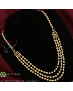 Mugappu Style Triple Layered Shell Pearl Necklace Set – 18-Inch Gold Plated Traditional Jewelry NL27364