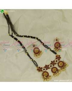 Nalla Pusalu Temple Coin Gold Mangalsutra Designs 2 Line Black Beads Mala Online MS23824