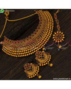 New Gold Design Choker Necklace Matte Reddish Chand Bali Earrings Maang Tikka  NL23694