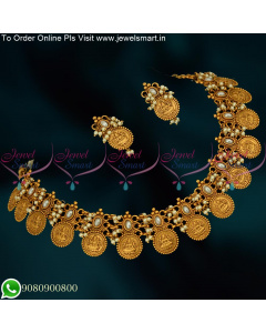 NL14655 Temple Kasulaperu Coin Laxmi God Engraved Kemp Pearl Jewellery Necklace Online
