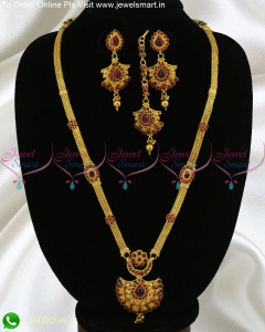 Real Kemp Bridal Long Necklace Gold Haram Design Maang Tikka Set Online