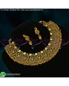 Peacock Choker Necklace Set Small Earrings 1 Gram Gold Antique Jewellery Online Shopping NL23095