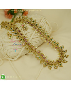 Peacock and Mango Antique Gold Long Necklace Designs with Kemp Stones, Pearls, and Ear Studs | South Indian Traditional Jewellery NL26801