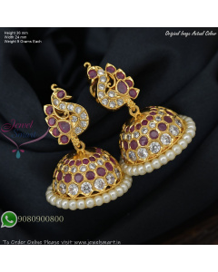 Peacock Design Ruby Stone Jhumka Earrings With Pearl Border – Screw Back J27442