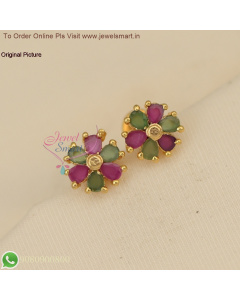 Pear Shape 6 Stone Ear Studs - Small Size, Screw Back, Gold Replica with Colourful Stones ER27048