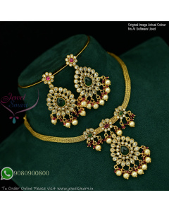 Polki Stones Attigai Style Gold Plated Necklace Set with Earrings NL1086N