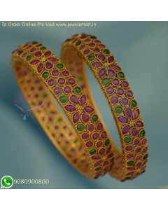 Exquisite Real Kemp Stones Studded Matte Look Gold Bangles Design | Jewelsmart B24501N