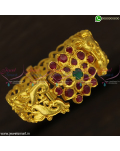 B7457 Ruby Emerald One Gram Gold Plated Broad Screw Open Kada Bracelet Online